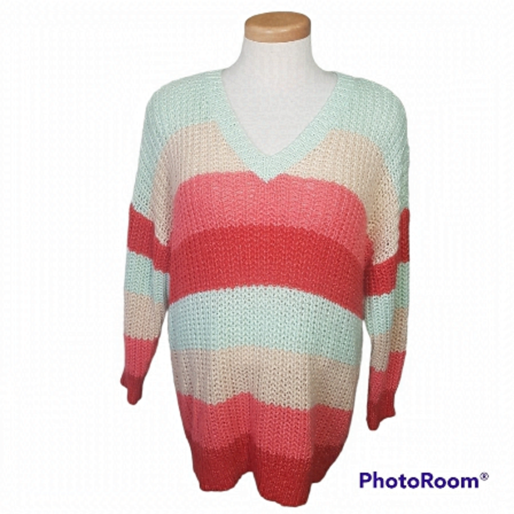 Torrid Multi Striped V-Neck Chunky Knit Pullover Long Sleeve Sweater
